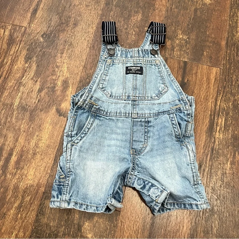 OshKosh B'Gosh Vestbak Shortalls Blue Jean Denim Boys Size 12M Striped Overalls